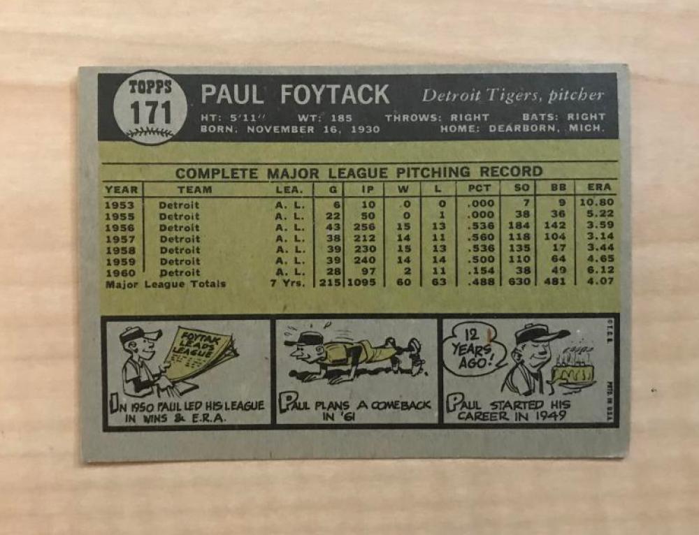 PAUL FOYTACK DETROIT TIGERS SIGNED VINTAGE 1961 TOPPS CARD #171 W/COA