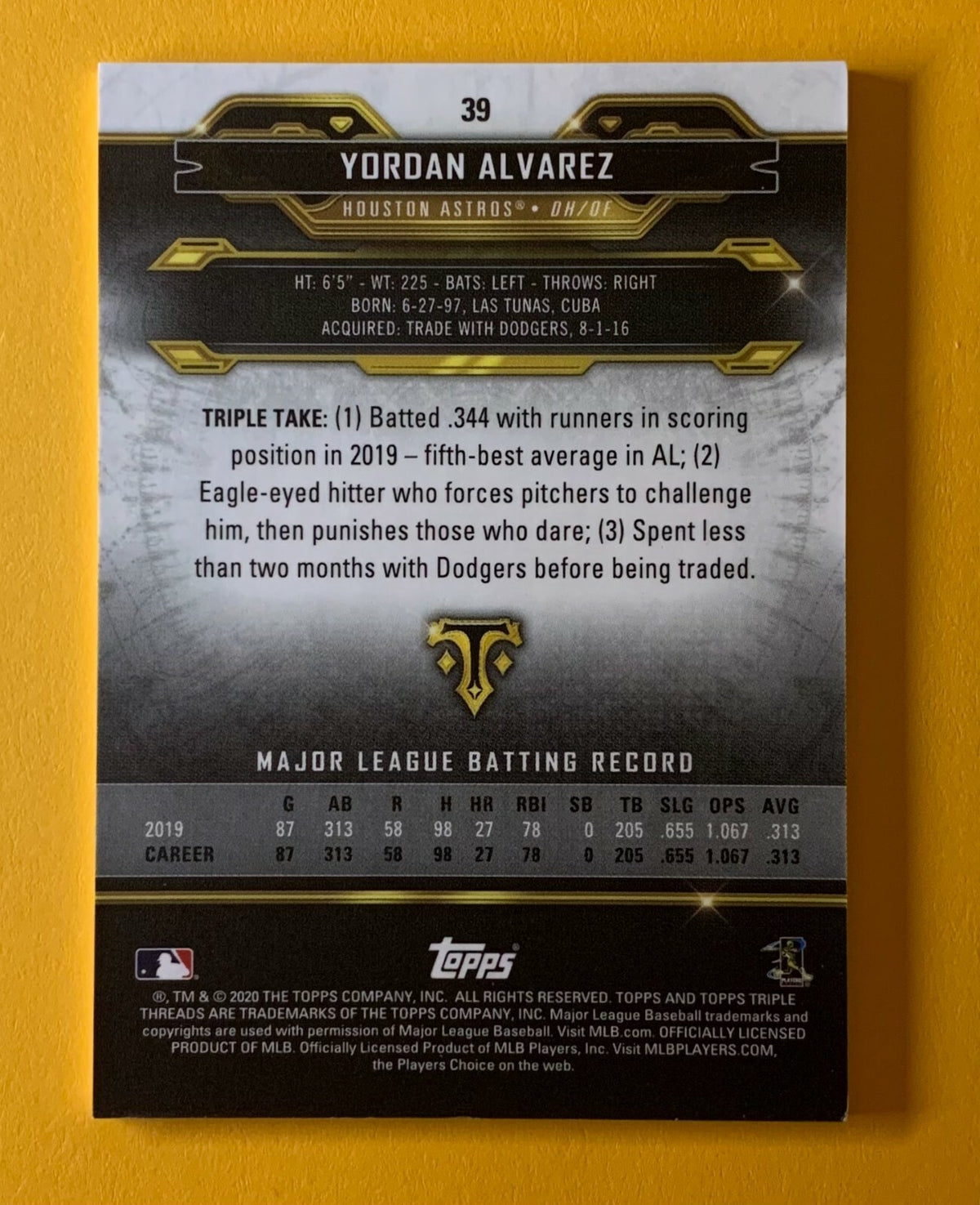 2020 TOPPS TRIPLE THREADS JOSE ALTUVE EMERALD BASE PARALLEL /275 #39 ASTROS 