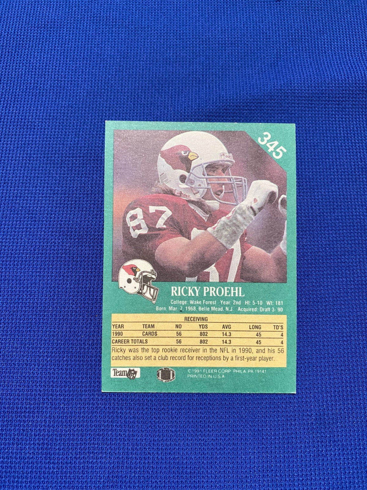 1991 FLEER RICKY PROEHL ARIZONA CARDINALS SIGNED AUTOGRAPHED CARD #345 W/COA