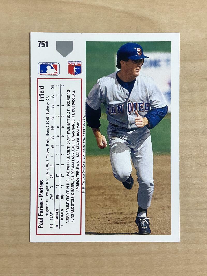 PAUL FARIES SAN DIEGO PADRES SIGNED AUTOGRAPHED 1991 UPPER DECK CARD #751 W/COA