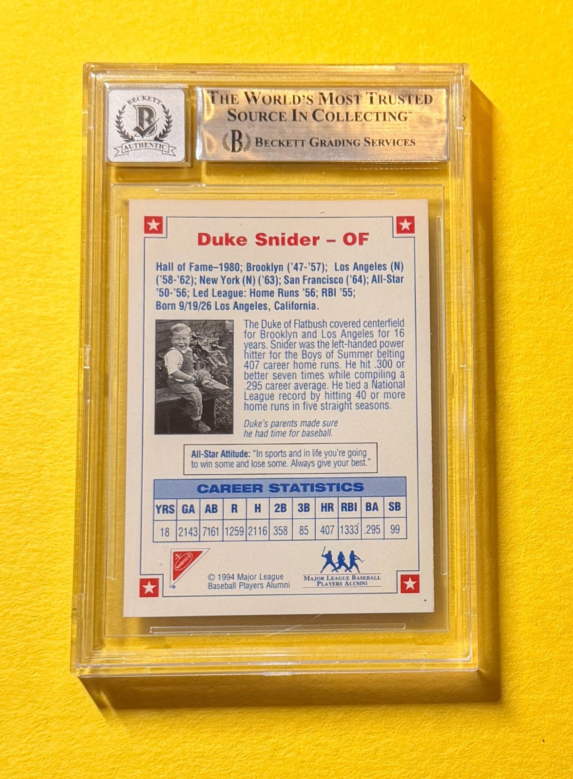 1994 NABISCO ALL-STAR AUTOS DUKE SNIDER #4 SIGNED AUTO CARD BECKETT 10 AUTHENTIC