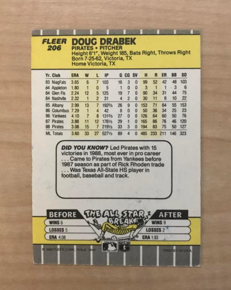 DOUG DRABEK PITTSBURGH PIRATES SIGNED AUTOGRAPHED 1989 FLEER CARD #206 W/COA 