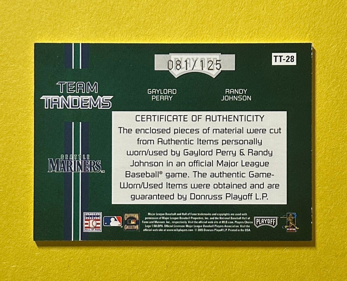 2005 PLAYOFF ABSOLUTE MEM GAYLORD PERRY RANDY JOHNSON DUAL RELIC /125 #TT-28