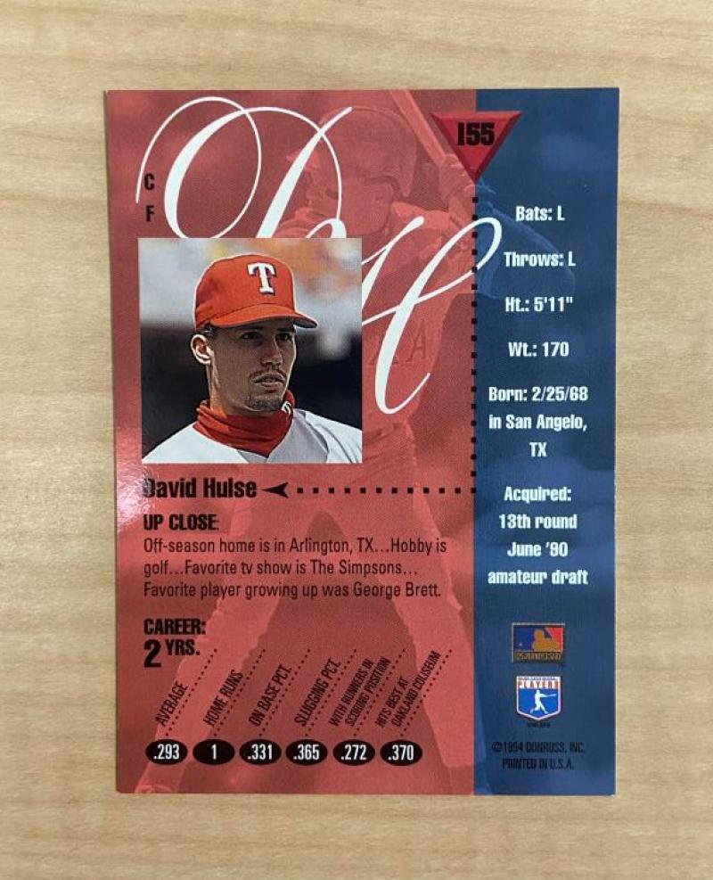 DAVID HULSE TEXAS RANGERS SIGNED 1994 DONRUSS STUDIO CARD #155 W/COA