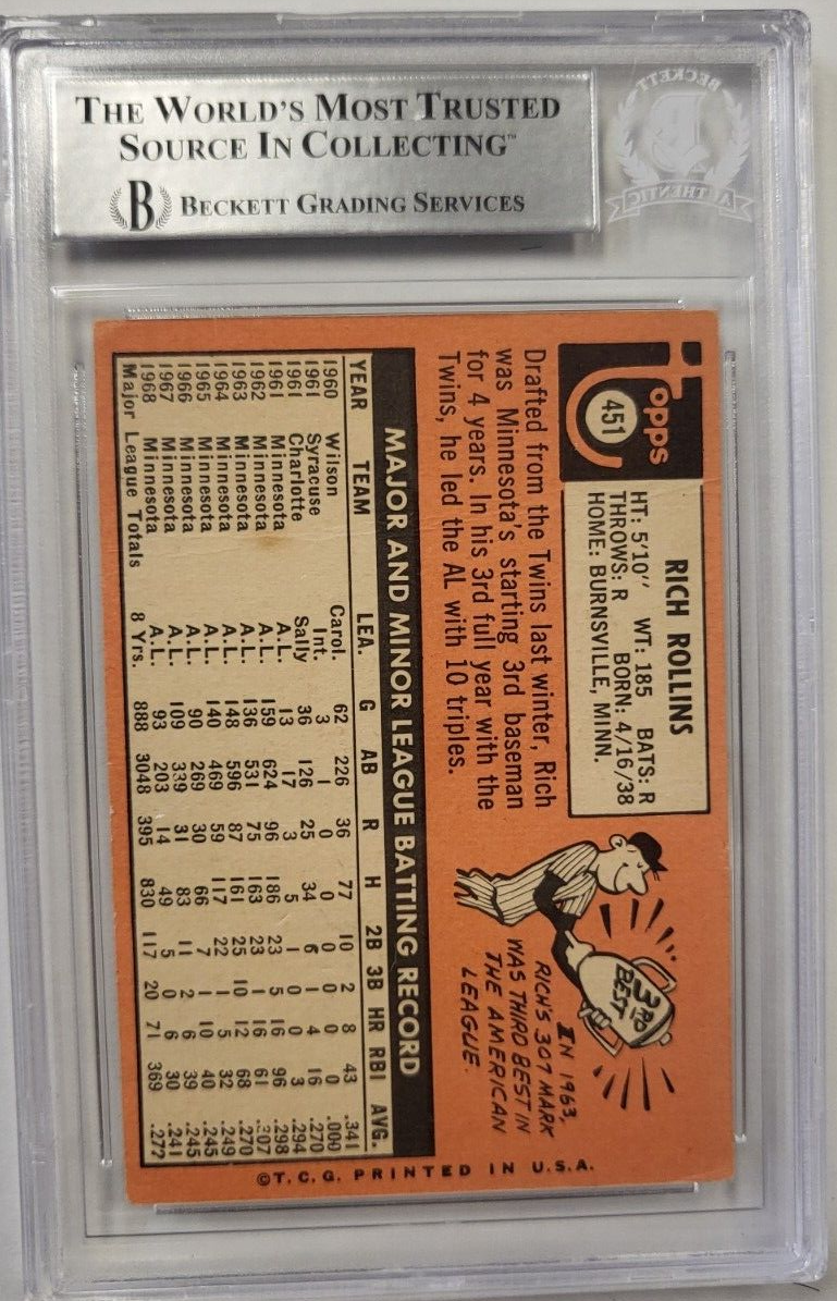1969 TOPPS RICH ROLLINS #451 PILOTS AUTHENTIC AUTO CERTIFIED BECKETT CARD