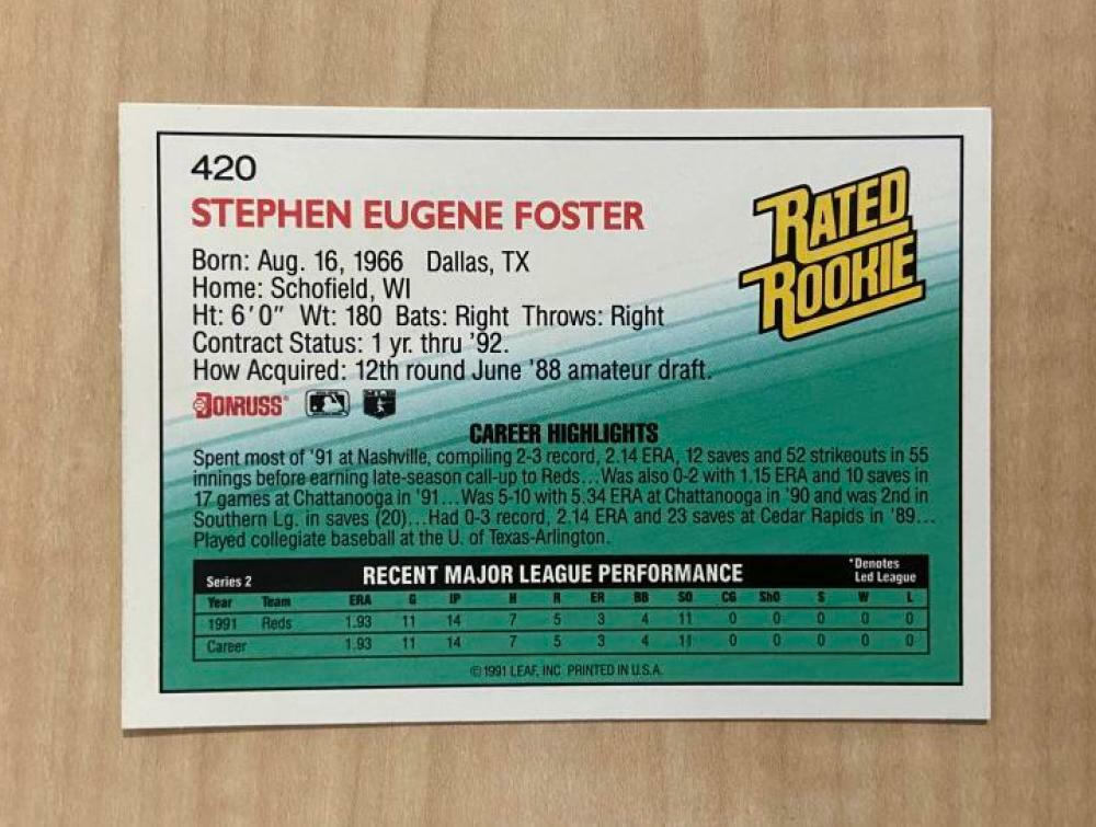 STEVE FOSTER CINCINNATI REDS SIGNED AUTOGRAPHED 1992 DONRUSS CARD #420 W/COA