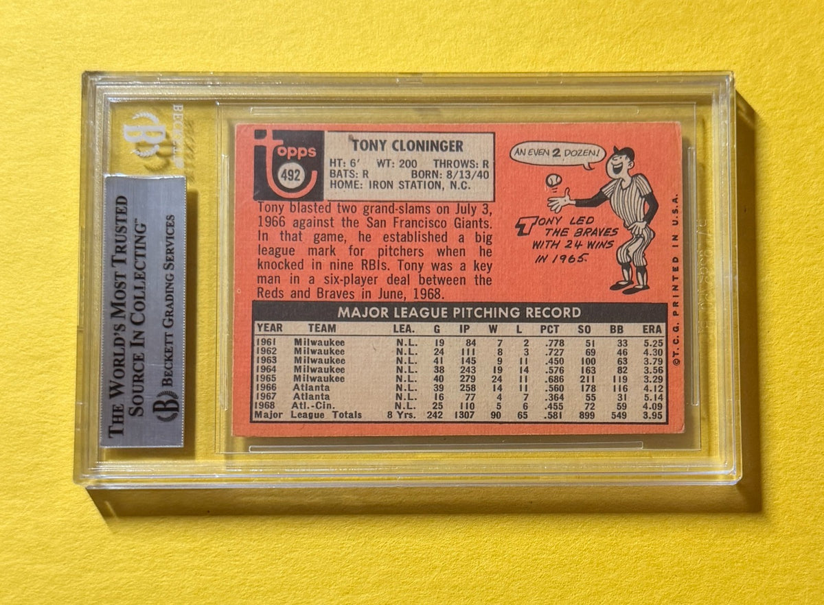 1969 TOPPS TONY CLONINGER #492 SIGNED AUTO CARD BECKETT AUTHENTIC REDS