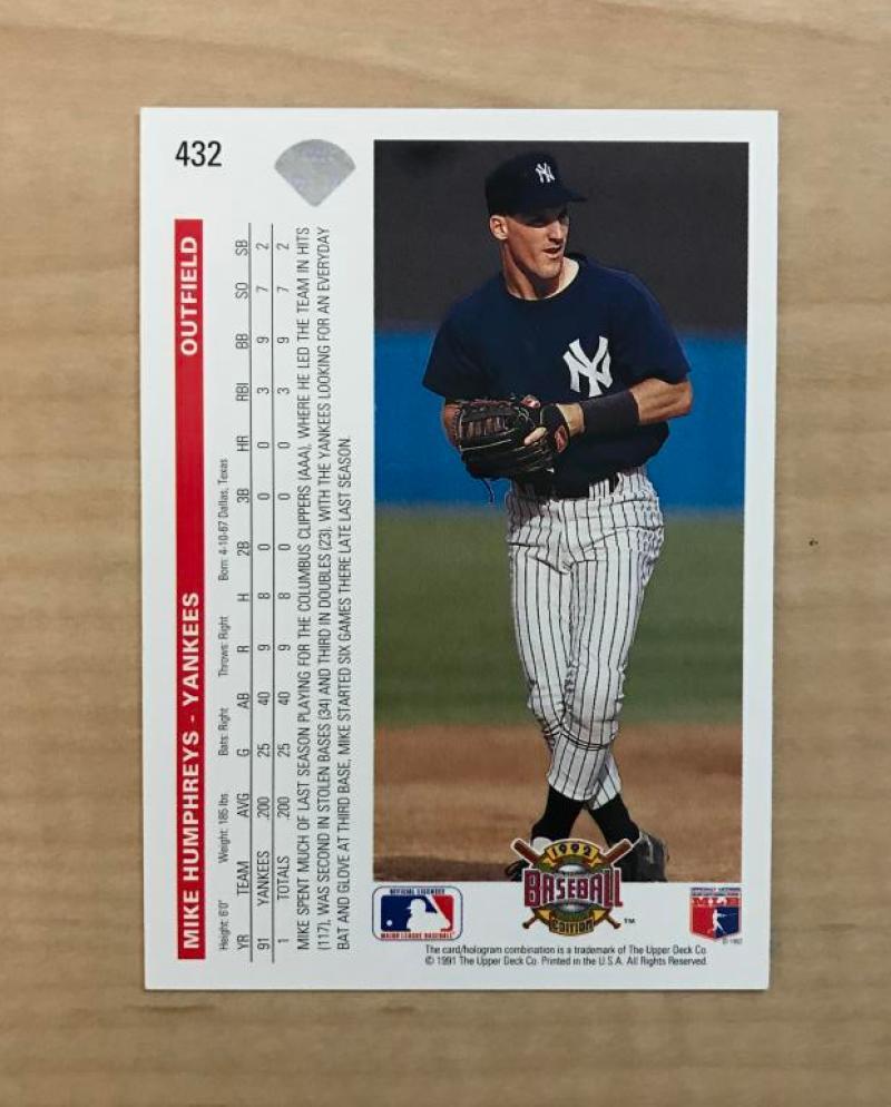 MIKE HUMPHREYS NEW YORK YANKEES SIGNED 1992 UPPER DECK CARD #432 W/COA