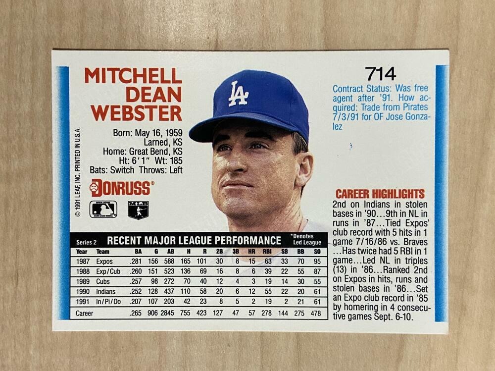 MITCH WEBSTER LOS ANGELES DODGERS SIGNED AUTOGRAPHED 1992 DONRUSS CARD#714 W/COA