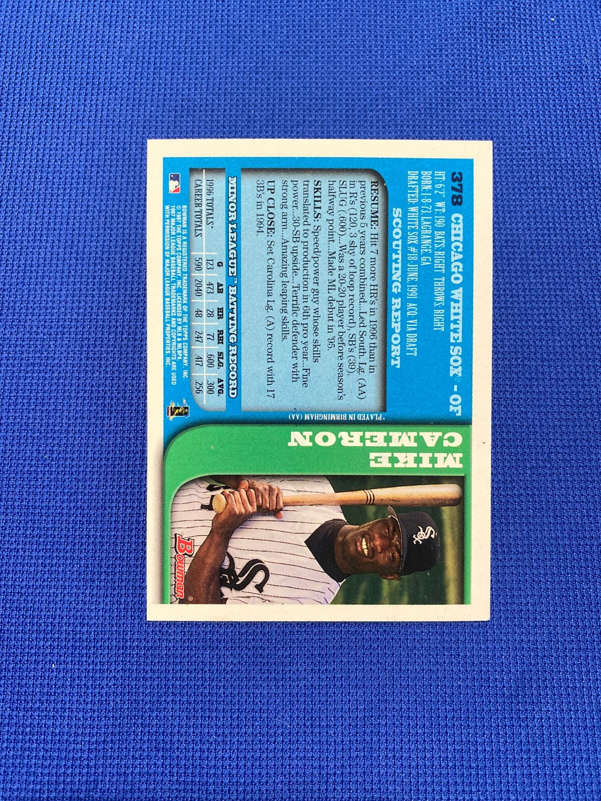 1997 BOWMAN MIKE CAMERON CHICAGO WHITE SOX SIGNED AUTO AUTOGRAPH CARD #378 W/COA