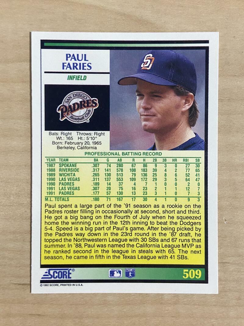 PAUL FARIES SAN DIEGO PADRES SIGNED AUTOGRAPHED 1992 SCORE CARD #509 W/COA