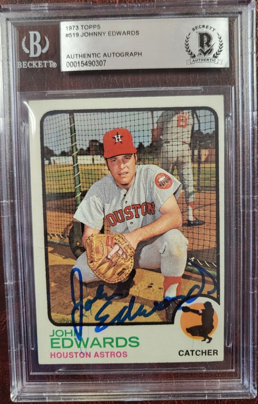 1973 TOPPS JOHNNY EDWARDS ASTROS SIGNED AUTOGRAPH #519 CARD BECKETT AUTH