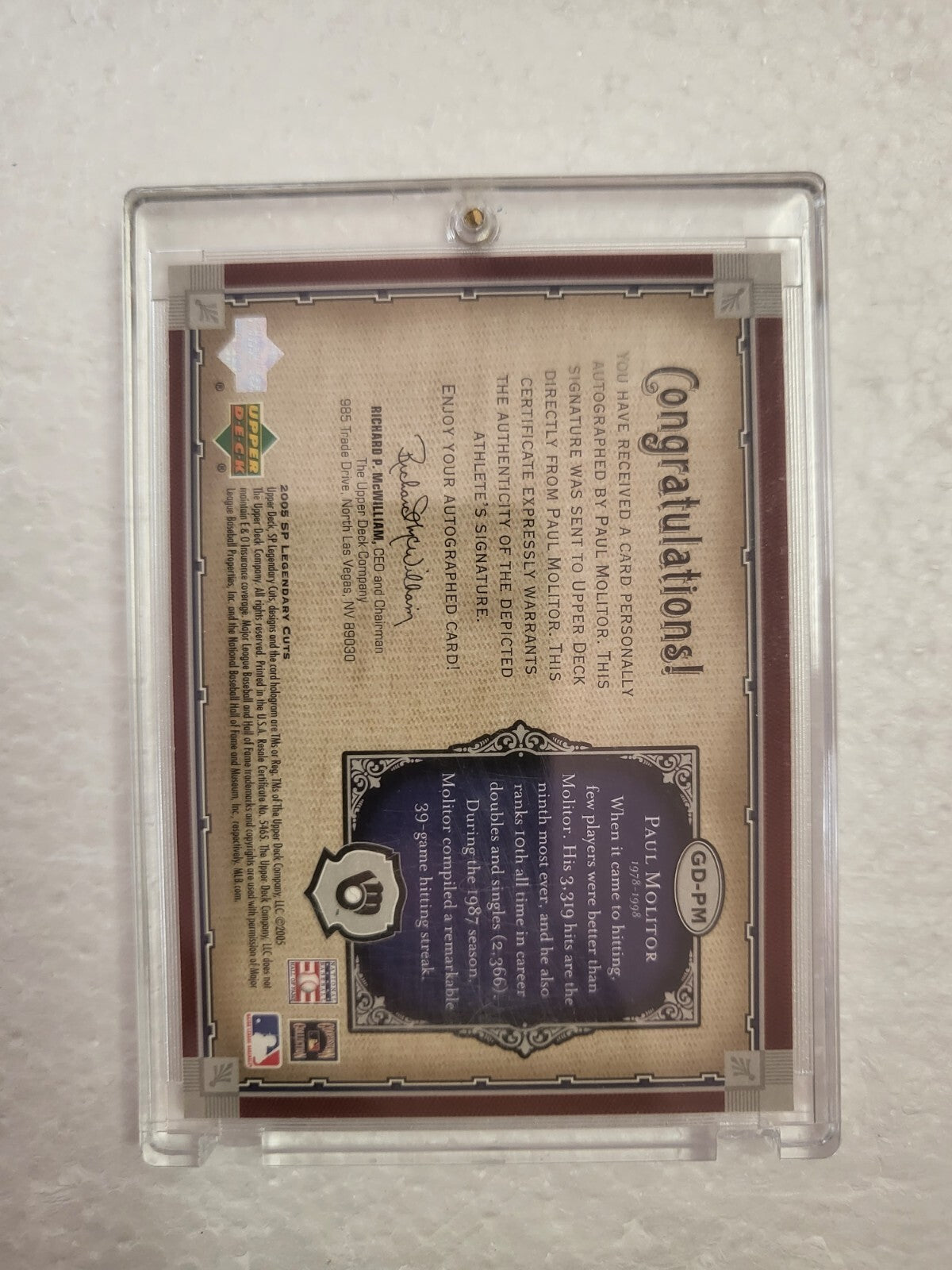 2005 SP LEGENDARY CUTS PAUL MOLITOR BREWERS GLORY DAYS SIGNED AUTO CARD /25