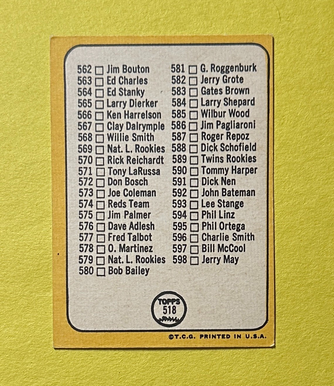 1968 TOPPS CHECKLIST 7TH SERIES #518