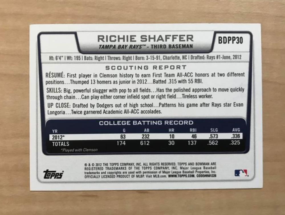 RICHIE SHAFFER TAMPA BAY RAYS SIGNED AUTOGRAPHED 2012 BOWMAN CARD #BDPP30 W/COA