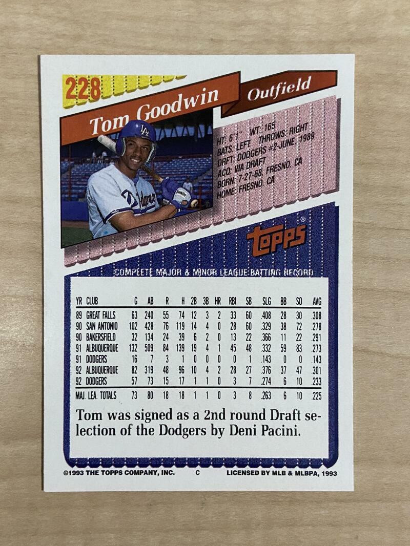 TOM GOODWIN LOS ANGELES DODGERS SIGNED AUTOGRAPHED 1993 TOPPS CARD #228 W/COA