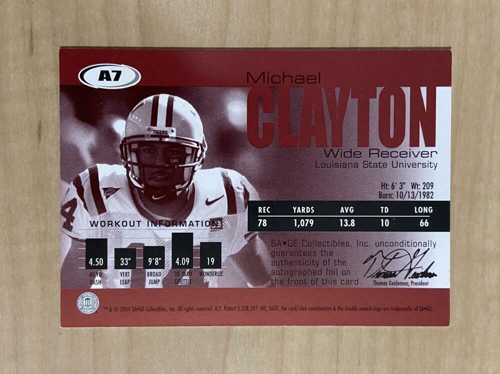 MICHAEL CLAYTON LSU SIGNED AUTOGRAPHED 2004 SAGE 159/200 CARD #A7 