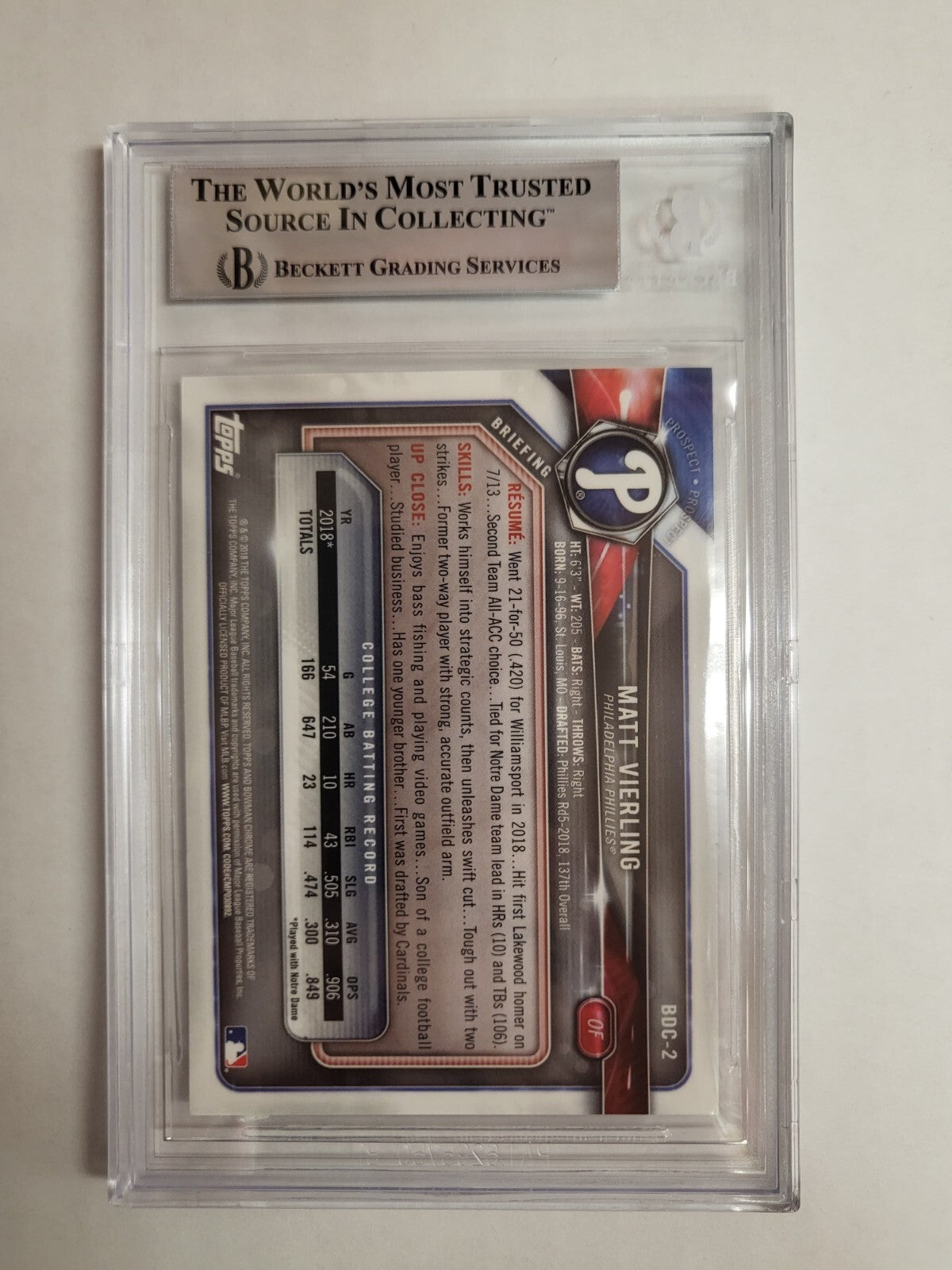 2018 BOWMAN DRAFT MATT VIERLING REDS #2 RC AUTO SIGNED CARD BECKETT AUTHENTIC **