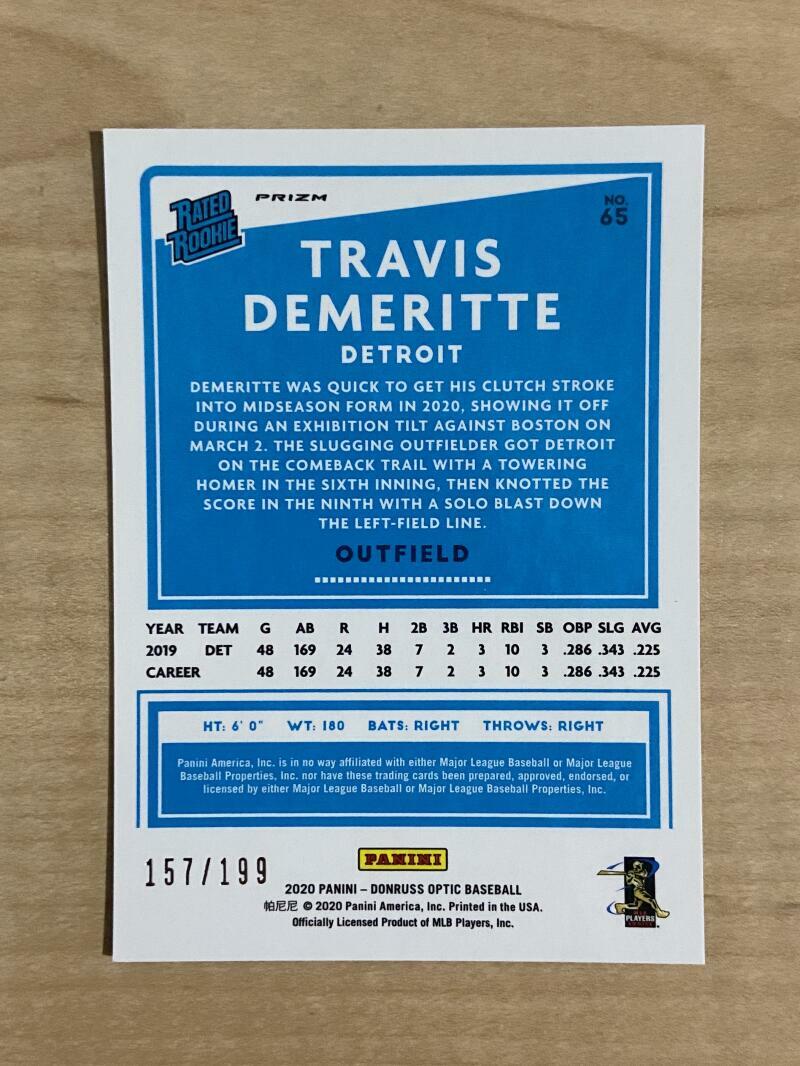 2020 DONRUSS OPTIC TRAVIS DEMERITTE PINK PRIZM TIGERS  RATED ROOKIE 157/199