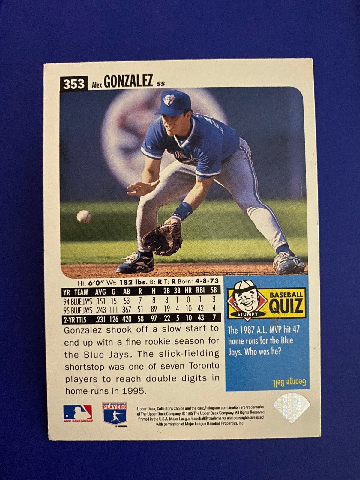 1995 UD COLLECTORS CHOICE ALEX GONZALEZ BLUE JAYS SIGNED AUTO CARD #353 W/COA