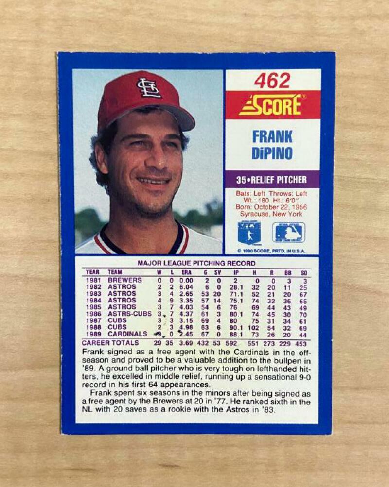 FRANK DIPINO ST LOUIS CARDINALS SIGNED AUTOGRAPHED 1990 SCORE CARD #462 W/COA