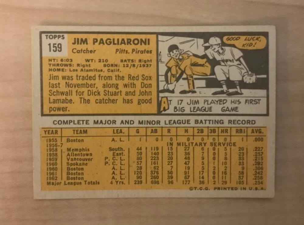 JIM PAGLIARONI PITTSBURGH PIRATES SIGNED VINTAGE 1963 TOPPS CARD #159 W/COA