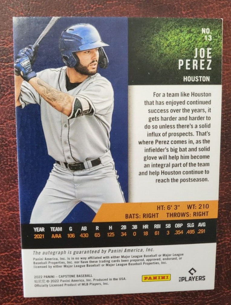 2022 PANINI CAPSTONE JOE PEREZ HOUSTON ASTROS ROOKIE RC AUTO CARD 1/1