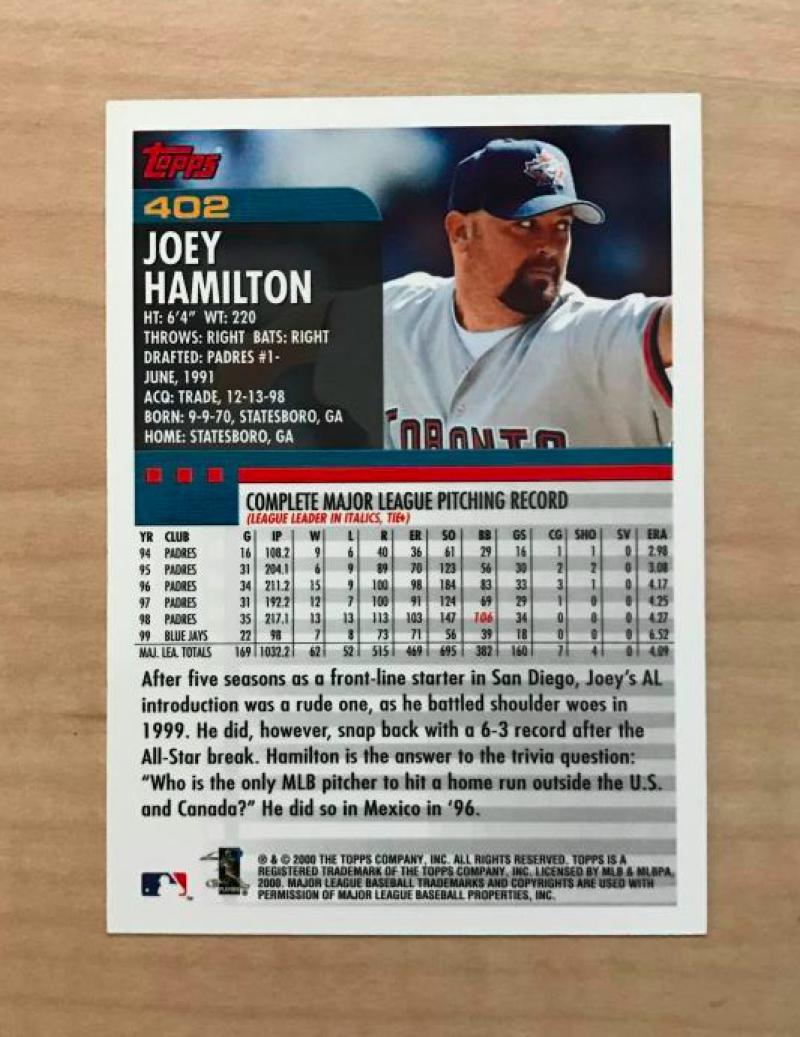 JOEY HAMILTON TORONTO BLUE JAYS SIGNED AUTOGRAPHED 2000 TOPPS CARD #402 W/COA
