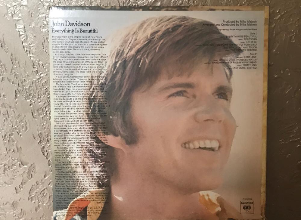 JOHN  DAVIDSON  EVERYTHING  IS BEAUTIFUL  SIGNED AUTO   1997 VINYL RECORD W/COA