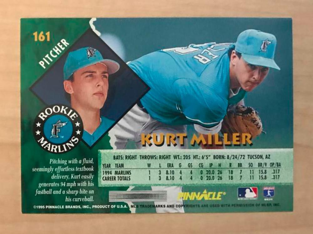 KURT MILLER FLORIDA MARLINS SIGNED AUTOGRAPHED 1995 PINNACLE CARD #161 W/COA 