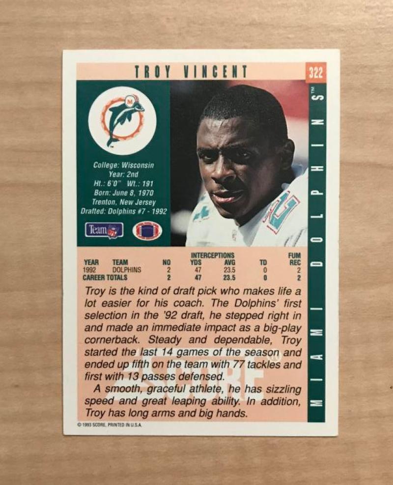TROY VINCENT MIAMI DOLPHINS SIGNED AUTOGRAPHED 1993 SCORE CARD #322 W/COA