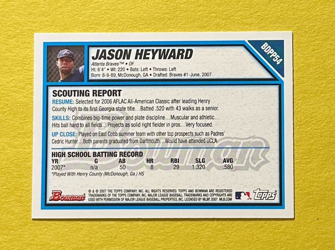 2007 BOWMAN JASON HEYWARD #BDPP54 BRAVES 1ST BOWMAN