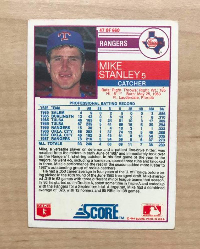 MIKE STANLEY TEXAS RANGERS SIGNED AUTOGRAPHED 1988 SCORE CARD #47 W/COA