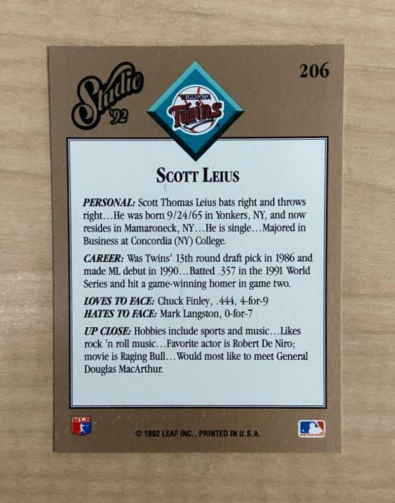 SCOTT LEIUS MINNESOTA TWINS SIGNED 1992 LEAF STUDIO CARD #206 W/COA