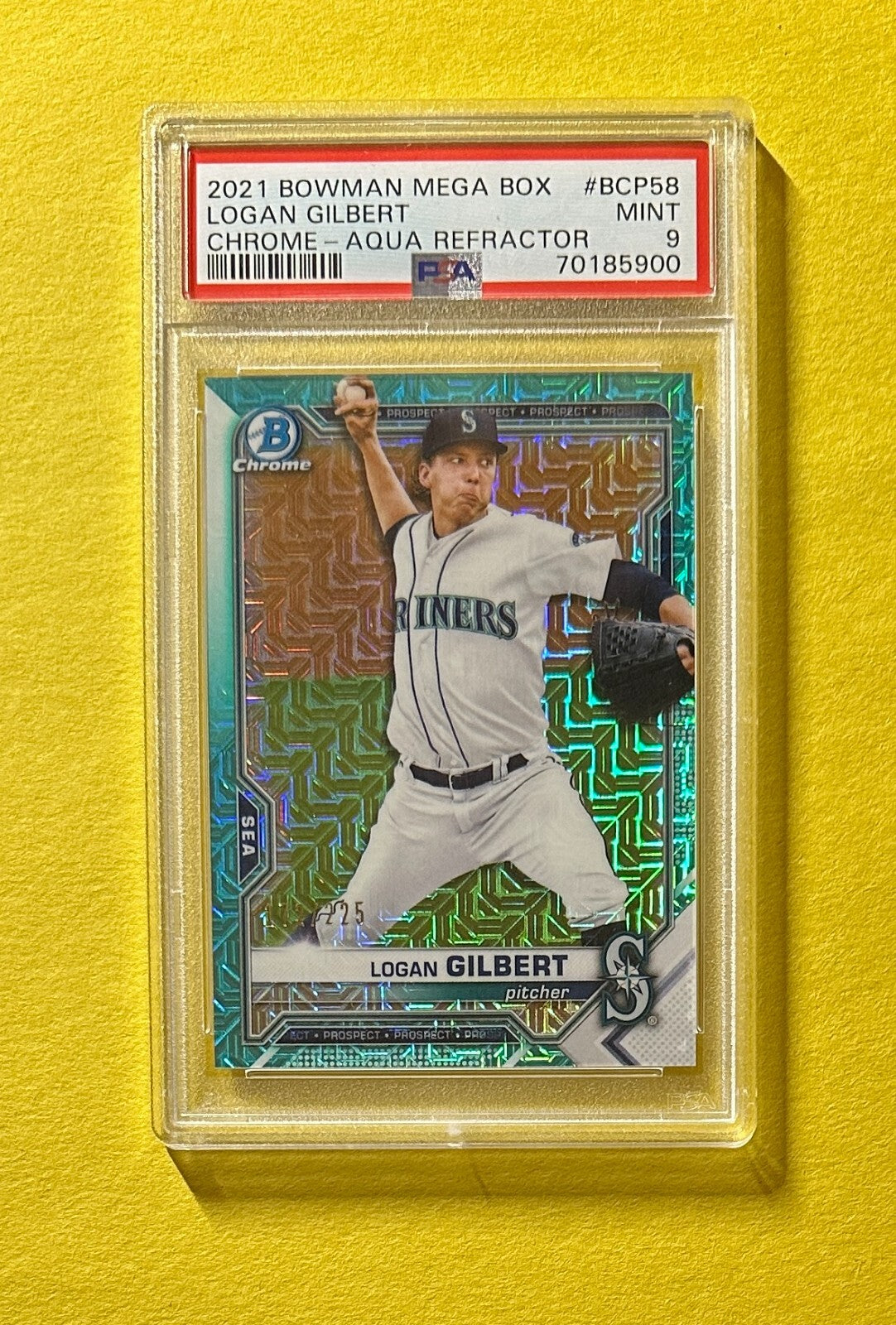 2021 BOWMAN MEGA BOX LOGAN GILBERT AQUA REFRACTOR /225 #BCP58 PSA MINT 9