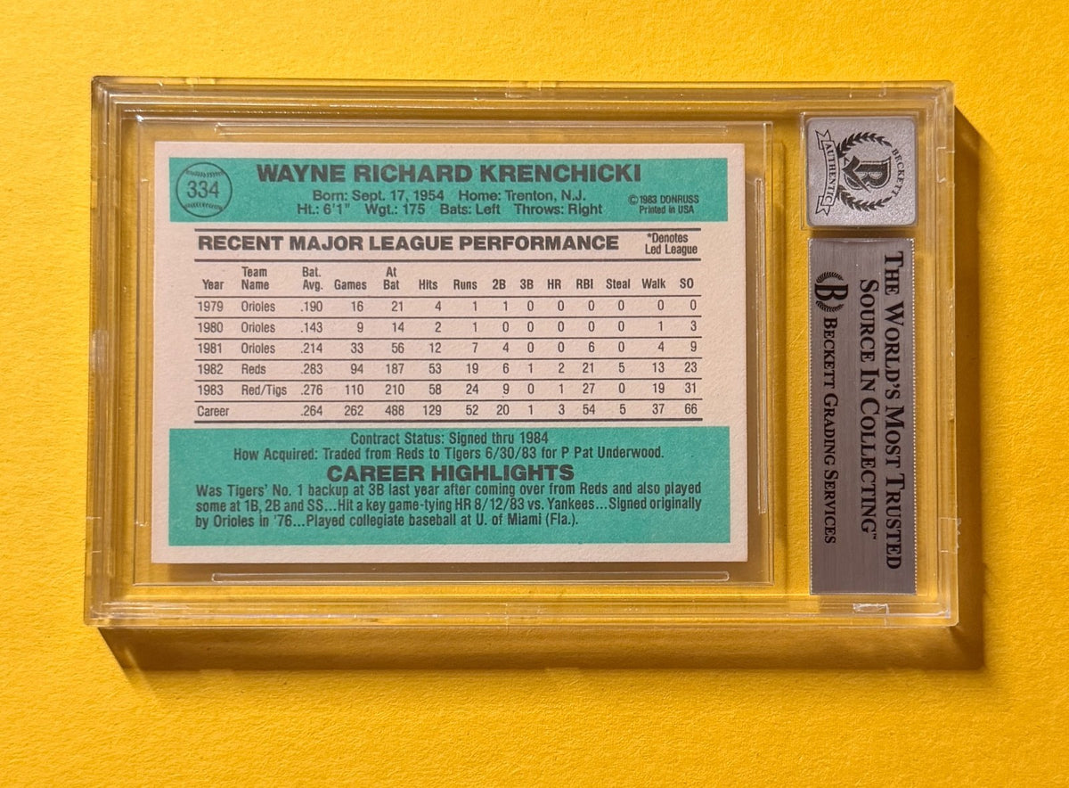 1984 DONRUSS WAYNE KRENCHICKI #334 SIGNED AUTO CARD BECKETT 10 AUTHENTIC TIGERS