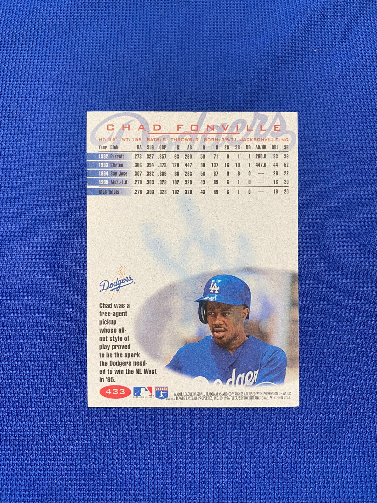 1996 FLEER CHAD FONVILLE LOS ANGELES DODGERS SIGNED AUTOGRAPHED CARD #433 W/COA