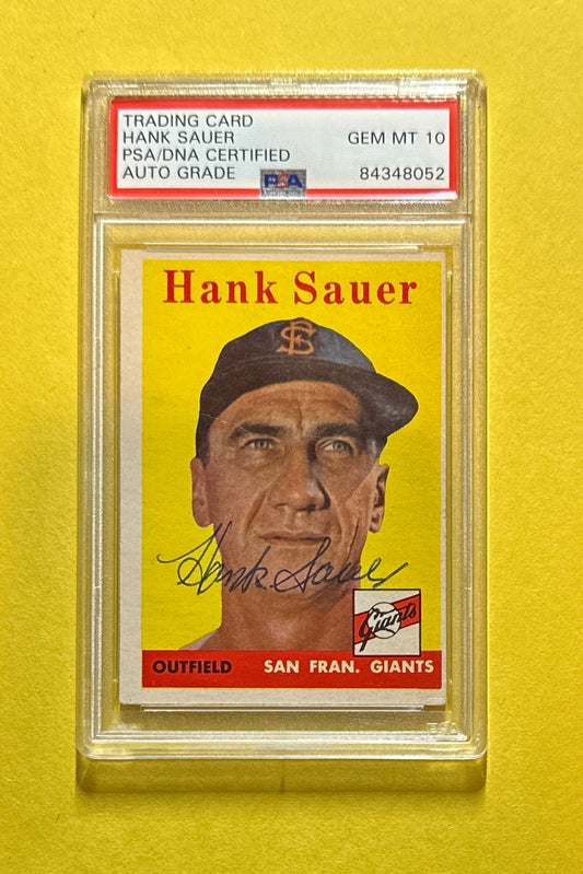 1958 TOPPS HANK SAUER PSA/DNA AUTHENTIC AUTOGRAPHED CARD #378