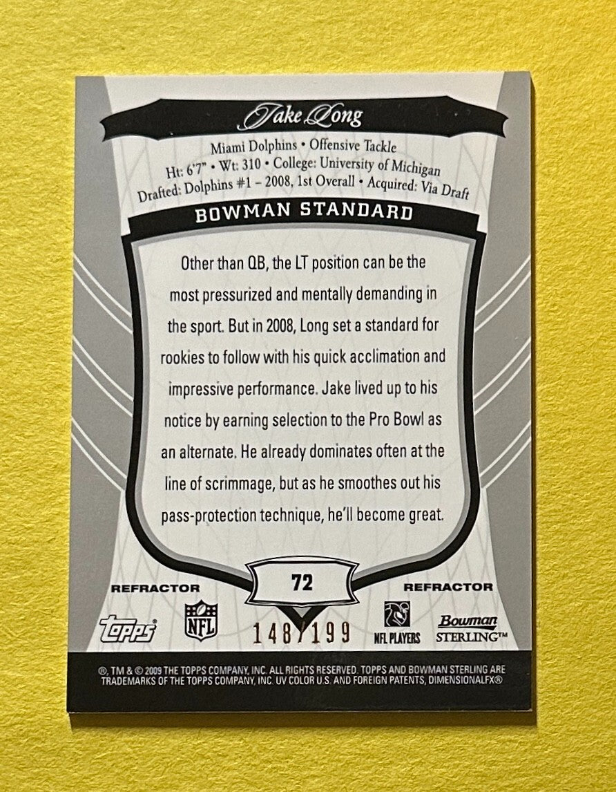 2009 BOWMAN STERLING JAKE LONG RELIC REFRACTOR /199 #72 DOLPHINS