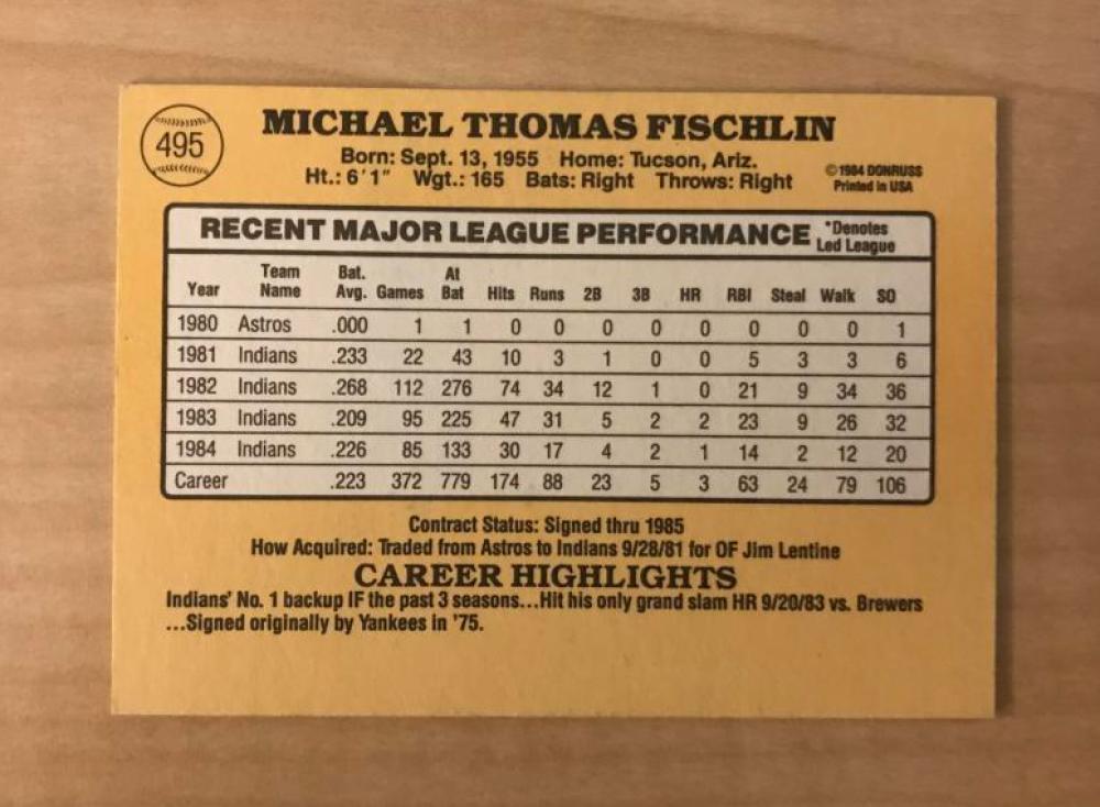 MIKE FISCHLN CLEVELAND INDIANS SIGNED AUTOGRAPHED 1985 DONRUSS CARD #495 W/COA 