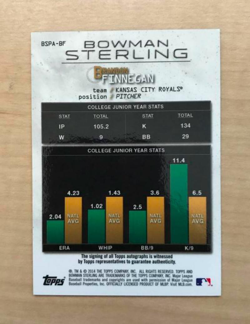BRANDON FINNEGAN KANSAS CITY ROYALS SIGNED 2014 BOWMAN STERLING CARD #BSPA-BF
