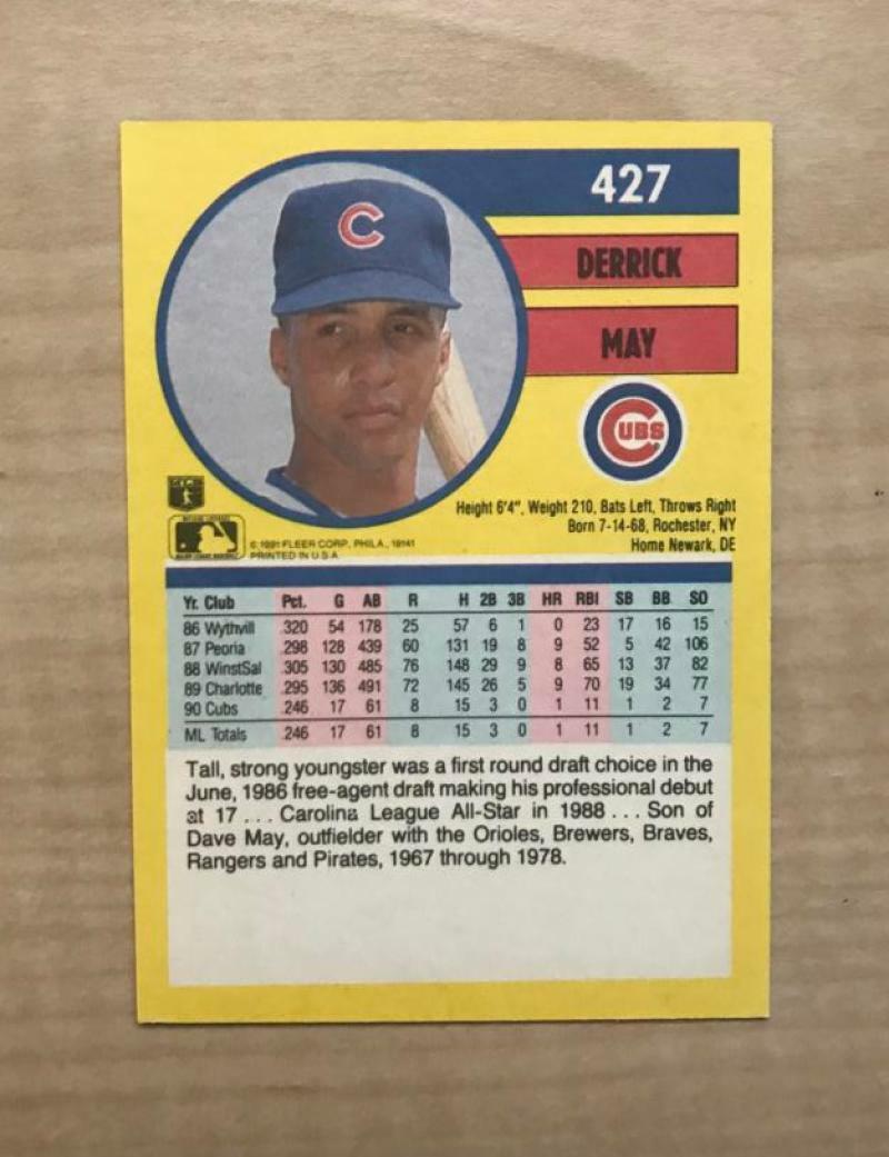 DERRICK MAY CHICAGO CUBS SIGNED AUTOGRAPHED 1991 FLEER CARD #427 W/COA