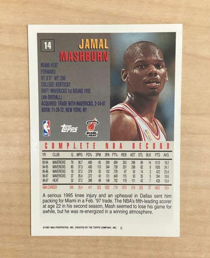 JAMAL MASHBURN MIAMI HEAT SIGNED AUTOGRAPHED 97-98 TOPPS CARD #14 W/COA
