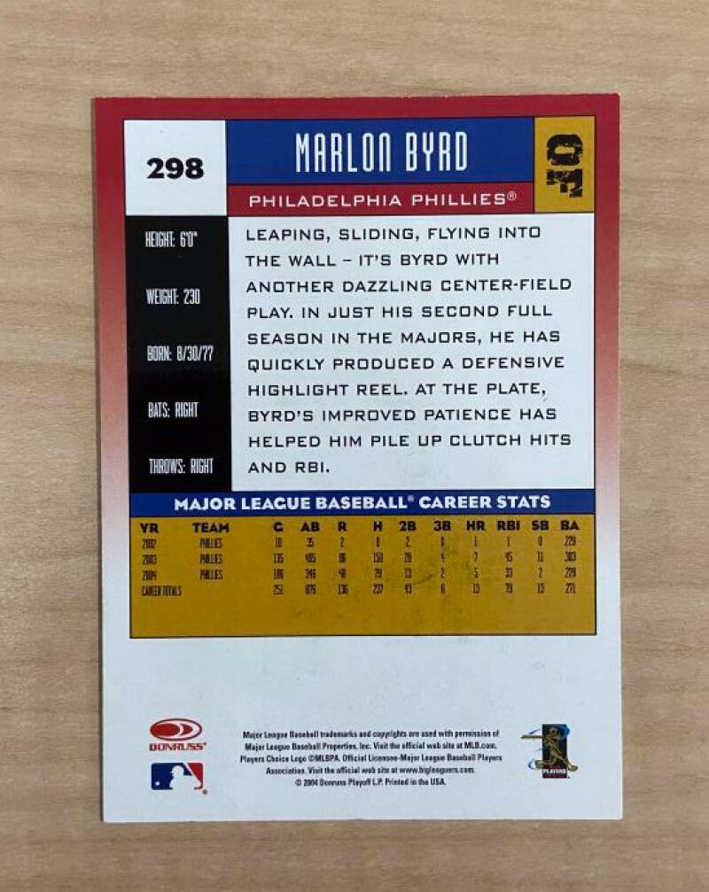 MARLON BYRD PHILADELPHIA PHILLIES SIGNED AUTOGRAPHED 2005 DONRUSS CARD#298 W/COA