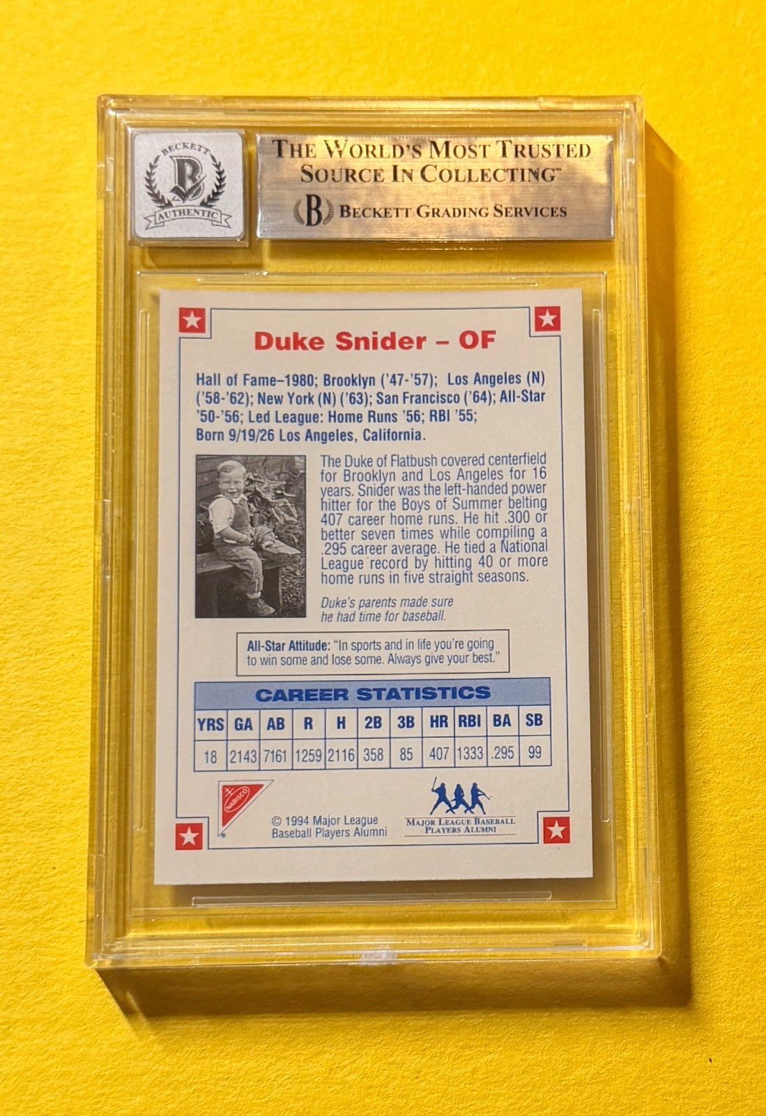 1994 NABISCO ALL-STAR AUTOS DUKE SNIDER #4 SIGNED AUTO CARD BECKETT 10 AUTHENTIC