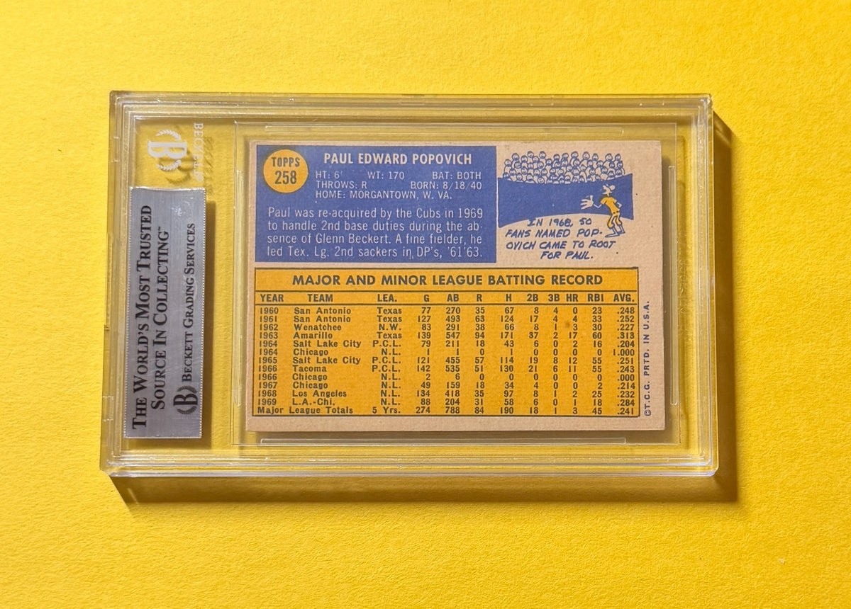 1970 TOPPS PAUL POPOVICH #258 SIGNED AUTO CARD BECKETT AUTHENTIC CUBS