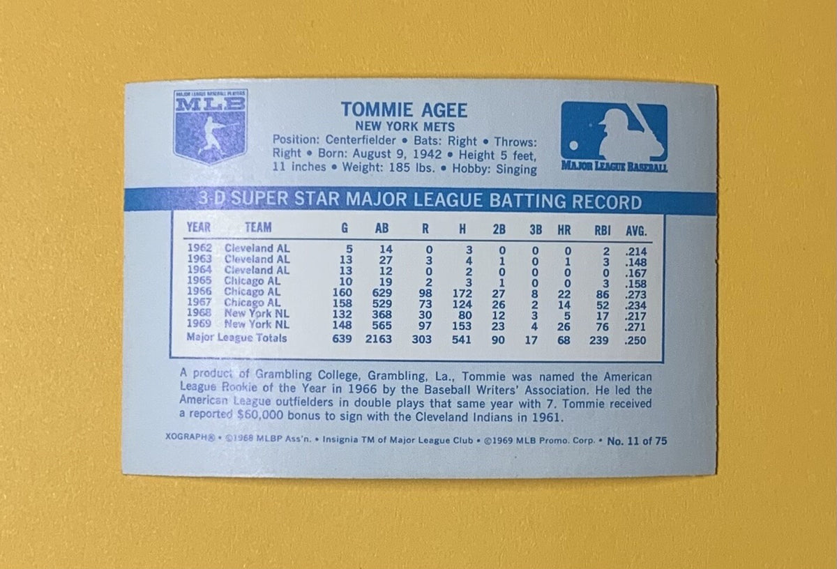 1970 KELLOGGS 3-D SUPERSTARS TOMMIE AGEE #11 NO CRACKS MINT METS 