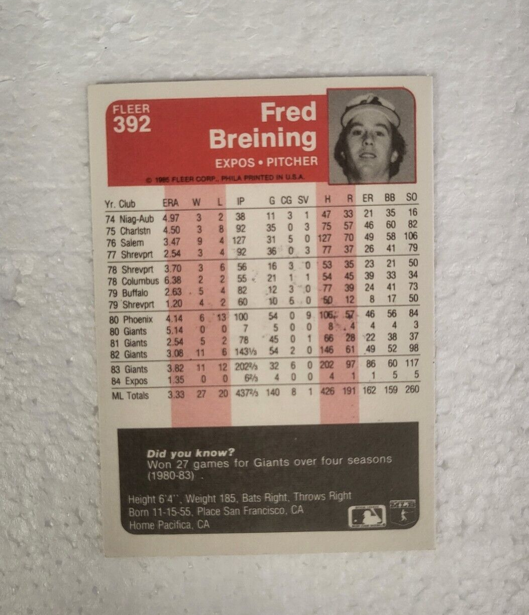 1985 FLEER FRED BREINING MONTREAL EXPOS SIGNED AUTO CARD #392 W/COA