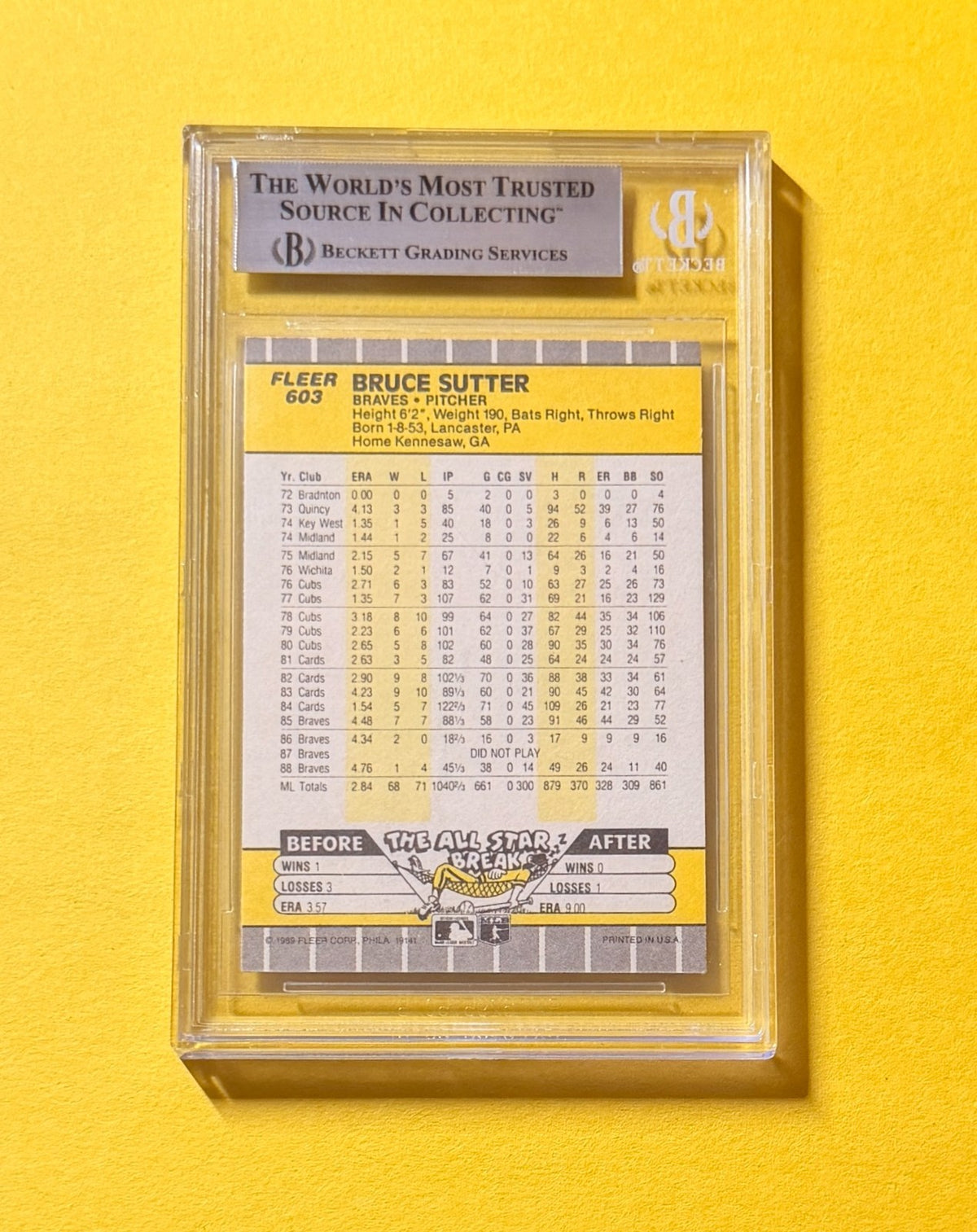 1989 FLEER BRUCE SUTTER #603 SIGNED AUTO CARD BECKETT AUTHENTIC BRAVES