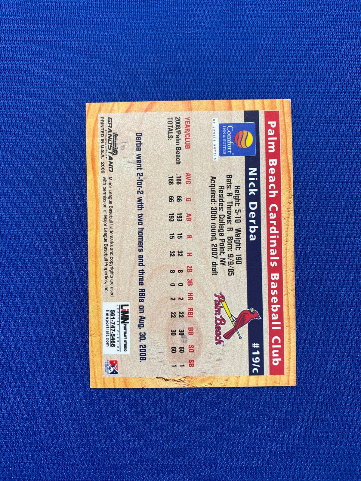 2009 GRANDSTAND NICK DERBA PALM BEACH CARDINALS SIGNED MINOR LEAGUE CARD W/COA